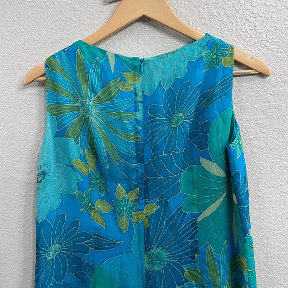 VINTAGE MAGGY LONDON TEAL BLUE FLORAL SLEEVELESS ASYMMETRICAL LAYERED DRESS 12 - Picture 9 of 10